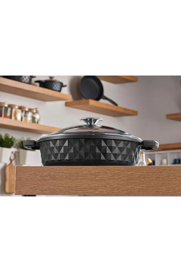 Bella Cam Kapak Döküm Basık Tencere 24 Cm Siyah